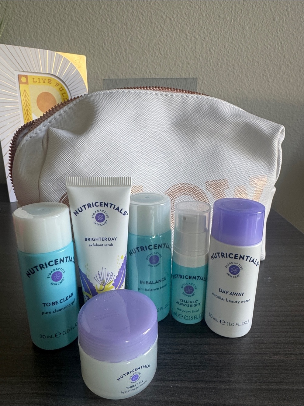 NuSkin Nutricentials Women's trial/trave size Skincare Set with GLOW makeup bag.